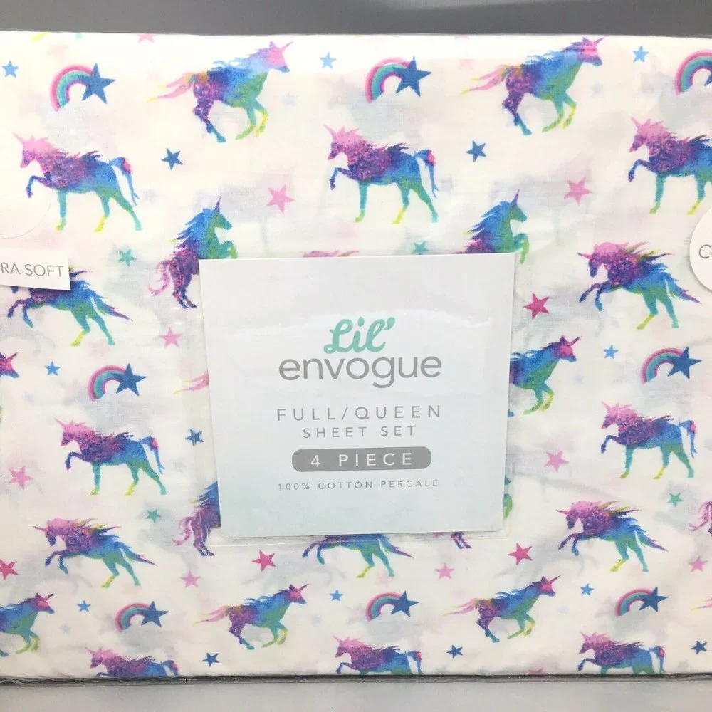 4pc Envogue Unicorn FULL Sheet Set Rainbow Star Pink Purple Green Blue Bright
